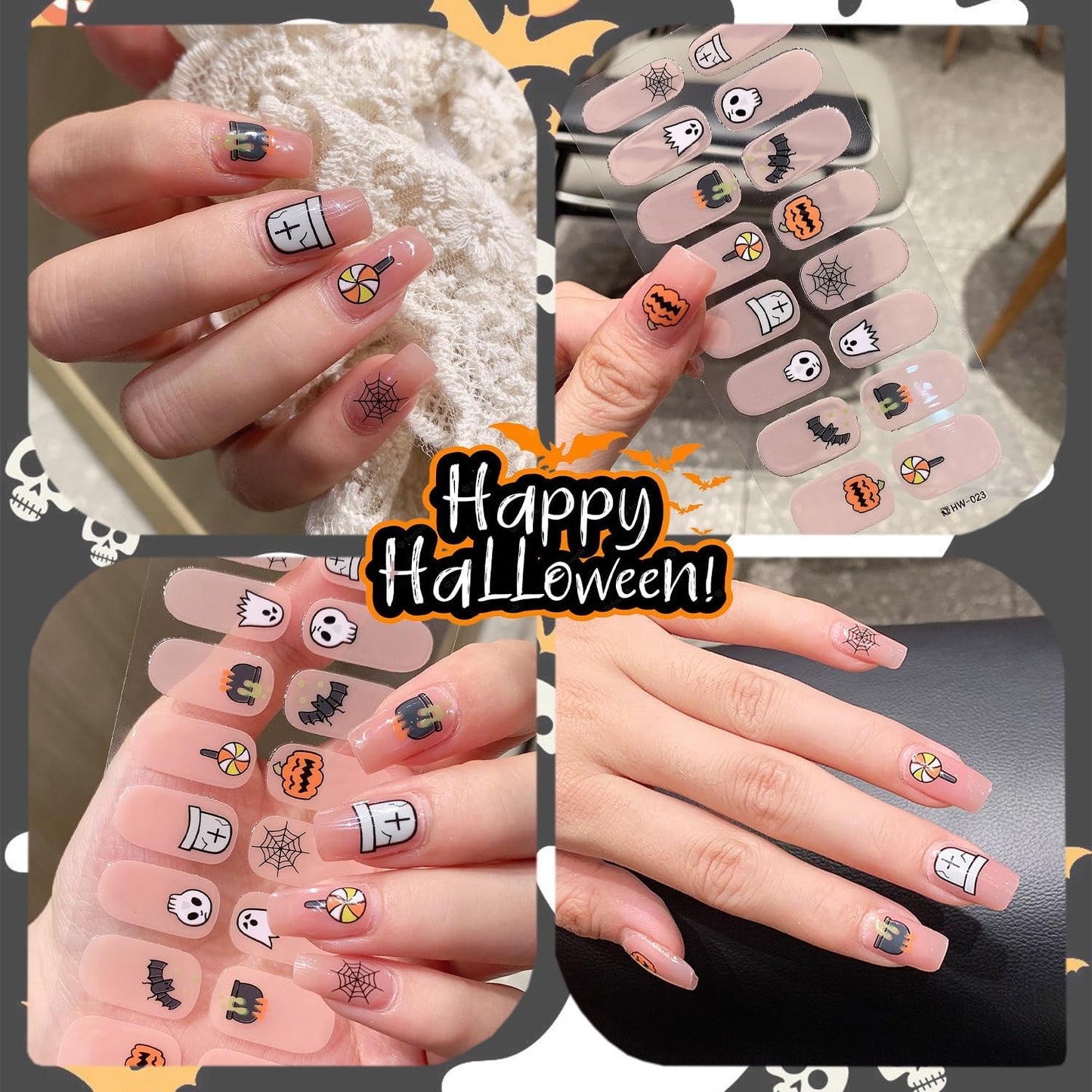 6 Sheets Horror Halloween Gel Nail Wraps Spider Web Flower Ghost Nail Polish Stickers Self-Adhesive Bat Pumpkin Spider Gel Nail Stickers Scary Halloween Holiday Nails Strips for Women