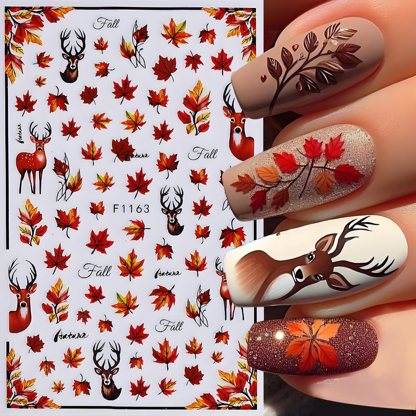 Fall Maple Leaves Nail Art Stickers for Thanksgiving, Maple Leaves Nail Decals 3D Self-Adhesive with Deer Pumpkin Flower Mushroom Design 6Pcs Nail Art Supplies for Women Nail Decoration