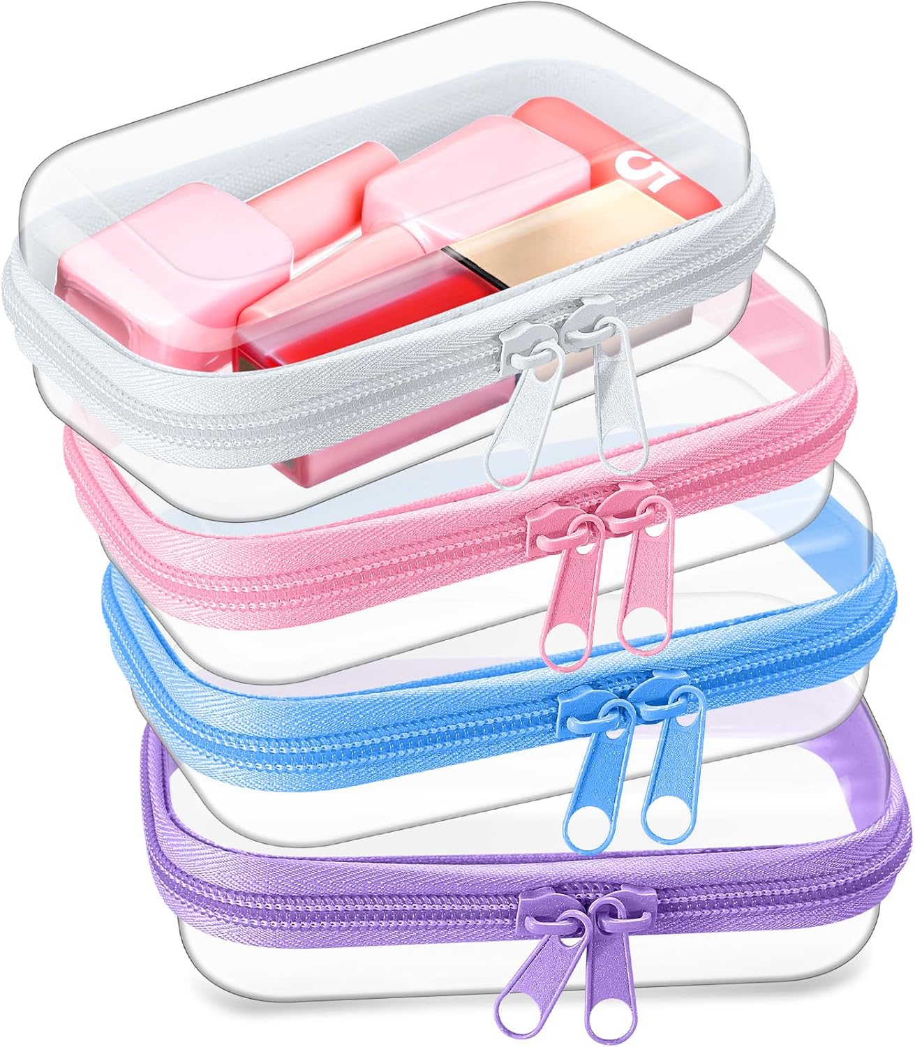 Hoolerry 4 Pcs Hard Clear Zipper Case Makeup Bags Plastic Pencil Pouch Transparent Storage Box Containers for Cosmetics, Snacks, Building Blocks, Puzzles(Multicolor,5 x 3 x 2 in)