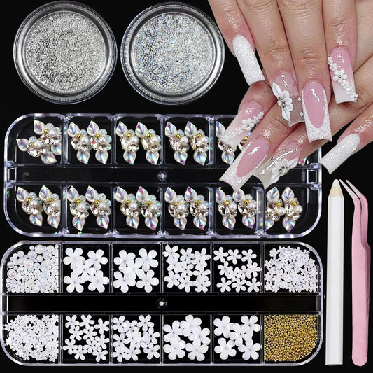 Rhinestones for Nails, Nail Art Charms 3D Flower Nail Charms for Acrylic Nails White Gold Supplies Luxurious Gems Rhinestones Pearls Design Accessories for Women Manicure Decorations