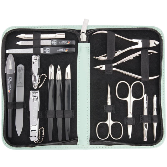 3 Swords Germany - brand quality 16 piece manicure pedicure grooming kit set fashion leather case mint, Made in Germany