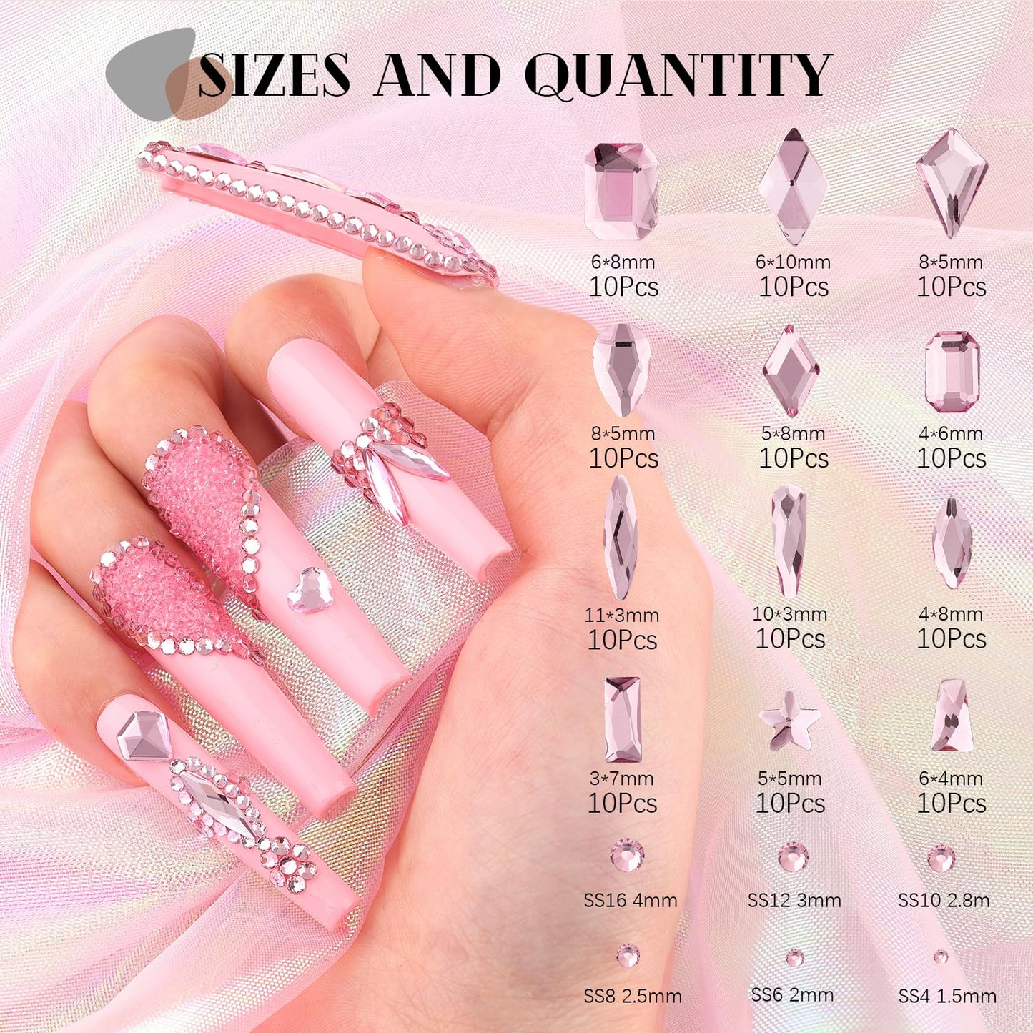 3220 Pink Glass Nail Rhinestones - Multi Shapes, Flatback Gems + 3100 Round Crystal with Glue Gel, Manicure Nail Charms for Art