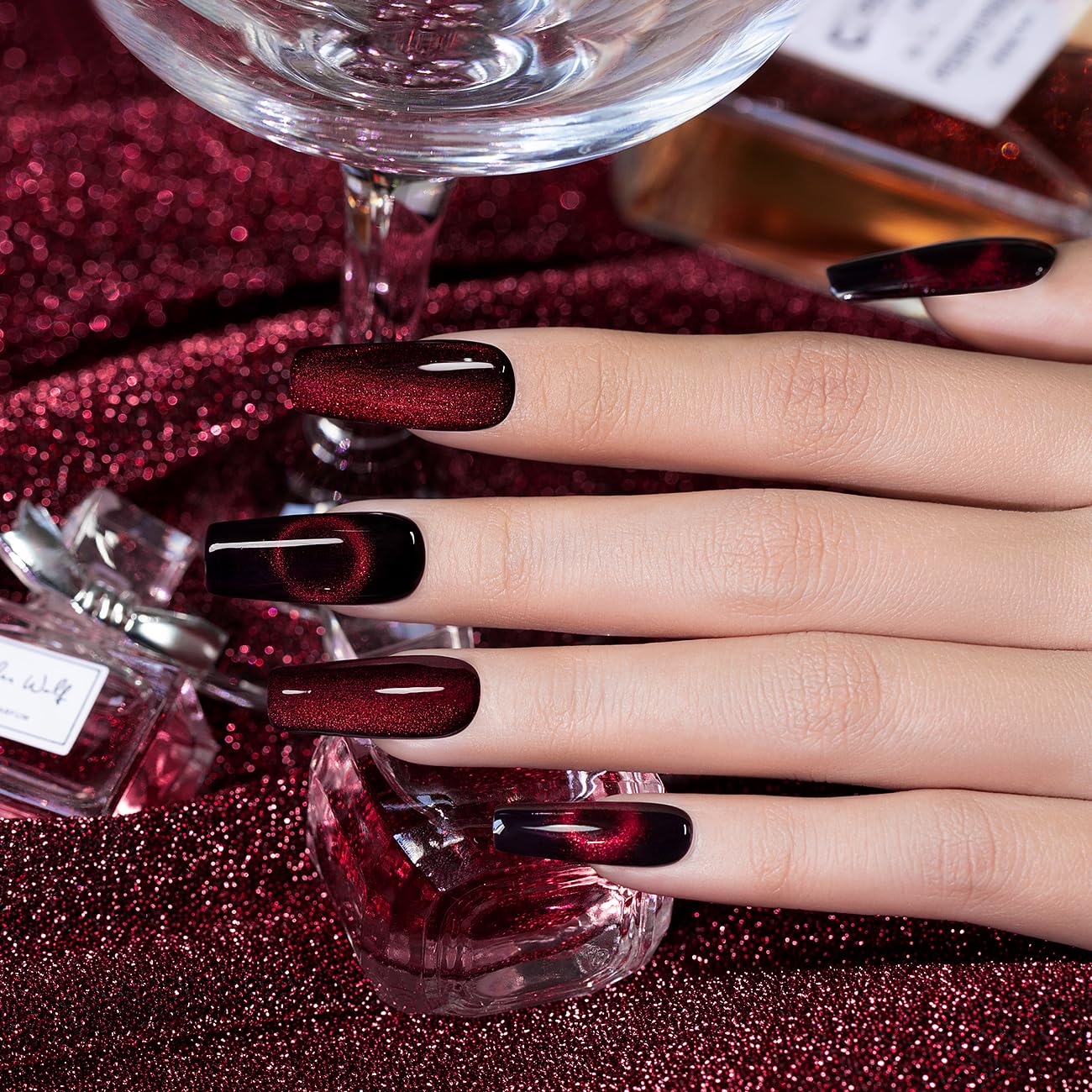 RARJSM Burgundy Cat Eye Gel Nail Polish Diamond Dark Black Red Cateye Velvet Glitter Gel Polish 15ml Single Bottle with Magnet Stick UV LED Curing Requires Soak Off for Home Salon Christmas Manicure