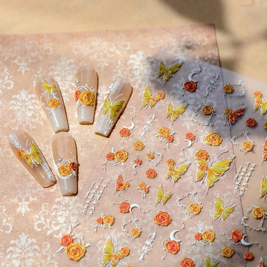 Orange Nail Stickers Butterfly Flower Nail Art Decals 5D Embossed Slf Adhesive with Design Nails Charms for Women Girls Kid Manicure DIY Decoration