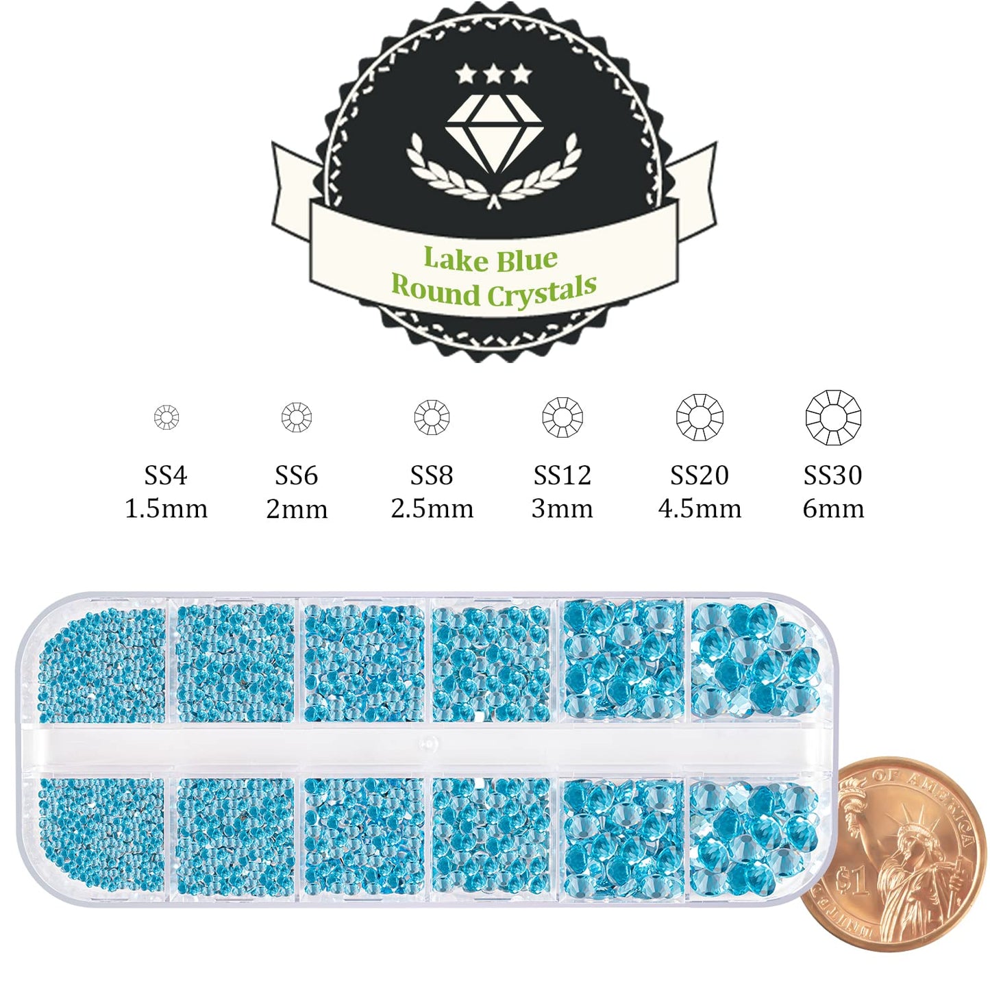 One Pack 2000 Pcs of Flatback Round Lake Blue Rhinestones 6 Sizes (1.5-6 mm) with Nail Art Rhinestone Picker Pencil and Tweezers for DIY and Salon Use