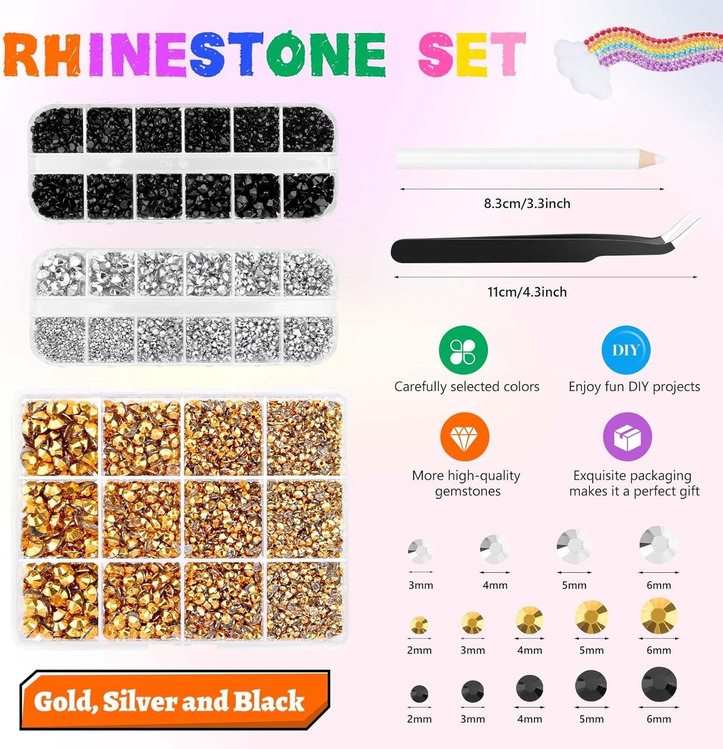 Morcheiong 17000Pcs Resin Rhinestones Gold Silver Black Flatback Crystals Diamond Includes Tweezers and Pickup Pen Suitable for Crafting DIY Nail Art Makeup Wedding Dress Clothing Mug