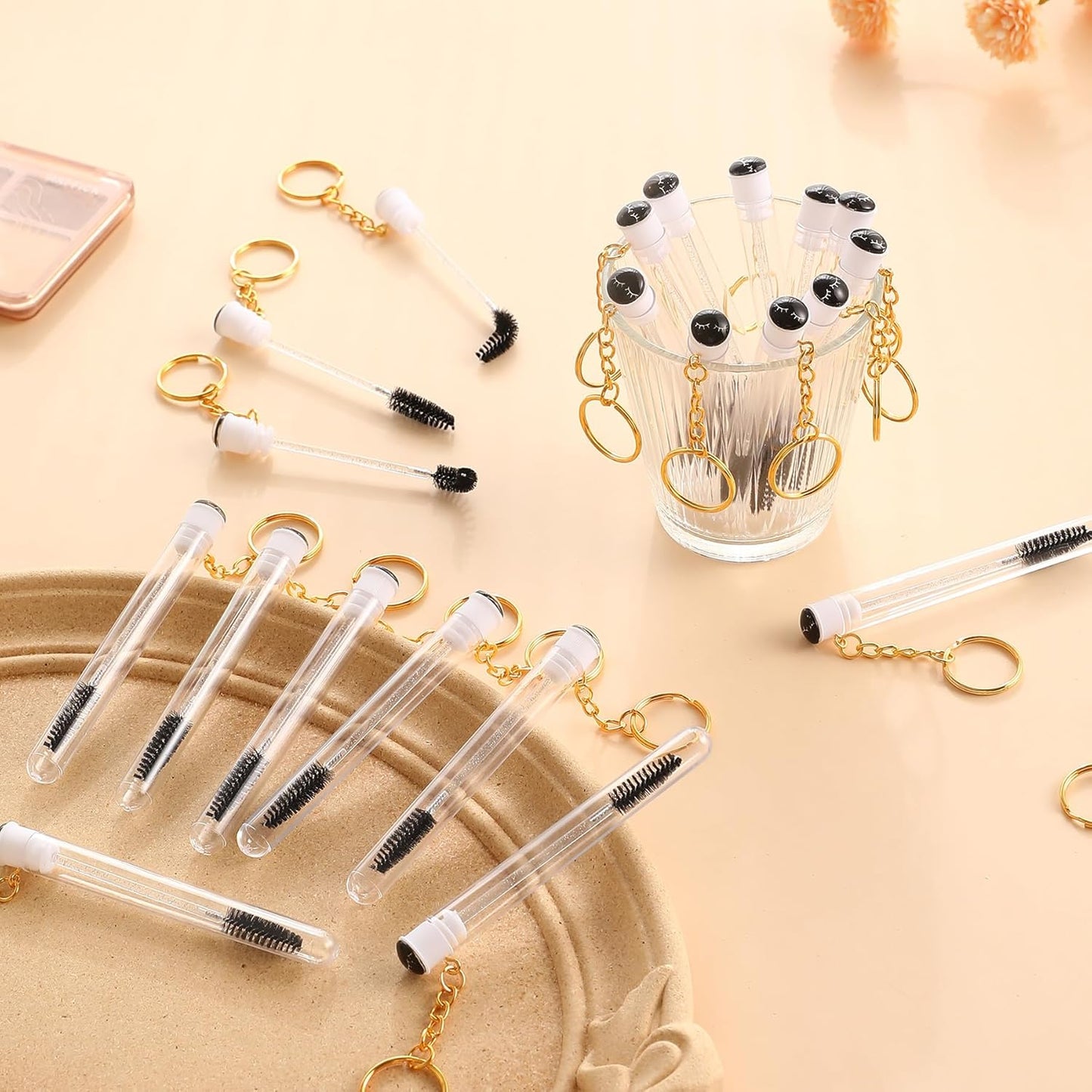 Upgrade 48 Pieces Disposable Mascara Wands Set,Include 24 Pcs Crystal Lash Spoolies Brush and 24 Pcs Reusable Keychain Empty Eyelash Brush Tubes (Black)