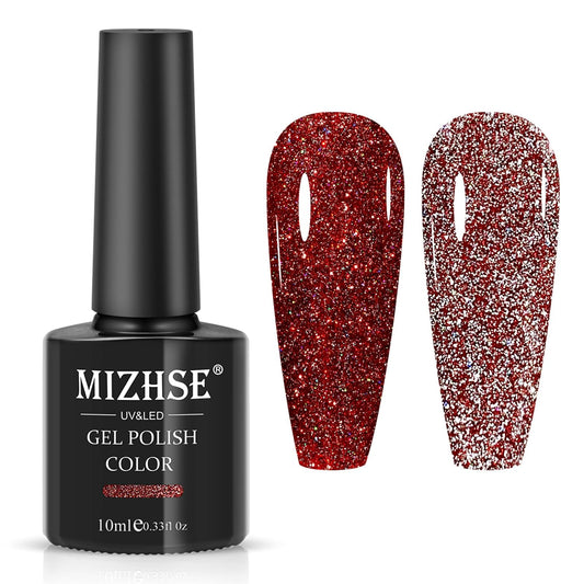 MIZHSE Glitter Red Gel Nail Polish, Reflective Gel Polish Sparkly Shiny Shimmer Nail Polish Soak Off Nail Art Salon Varnish Manicure DIY at Home Christmas Color