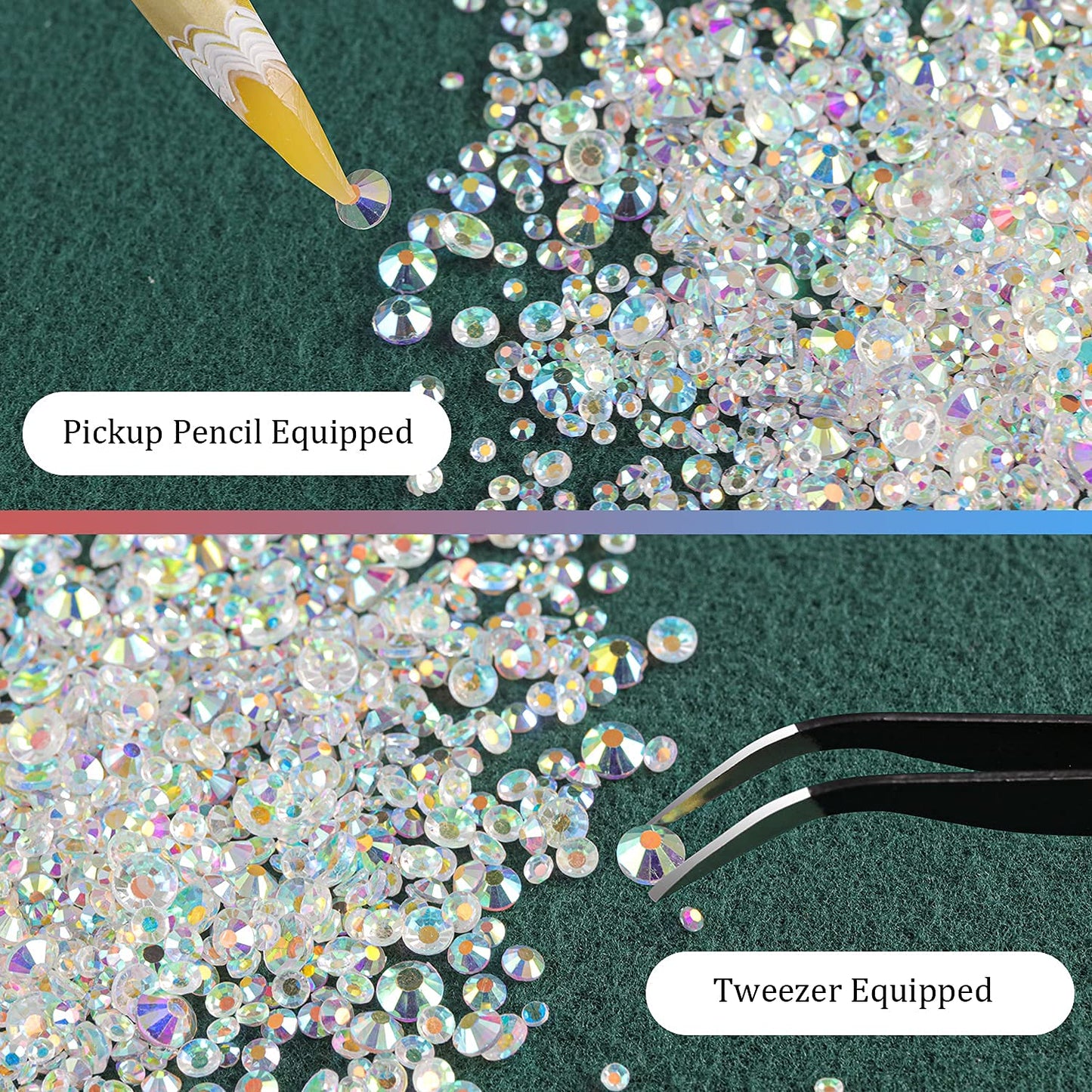 6 Sizes Transparent AB Glass Crystal Kit with Pickup Pen + Tweezer Tools for Iridescent Shine Nail Art Manicure Makeup DIY Decoration Flatback Round Rhinestone Gem Jewelry Diamond