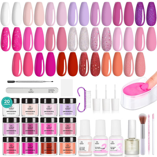 Beetles Dip Powder Nail Kit 36pcs 20 Colors Nude Hot Pink Red Glitter White Dip Nails Powder Starter Kit with Base Top Coat Activator Cuticle Oil Nail Set for Women Alluring Sweetie Collection