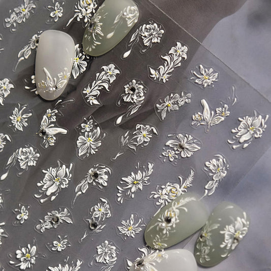 Flower Nail Art Stickers White Floral Nail Stickers 5D Embossed White Style Nail Decals Accessories with Rhinestone Nail Decals Manicure Supplies for Women DIY Decorations