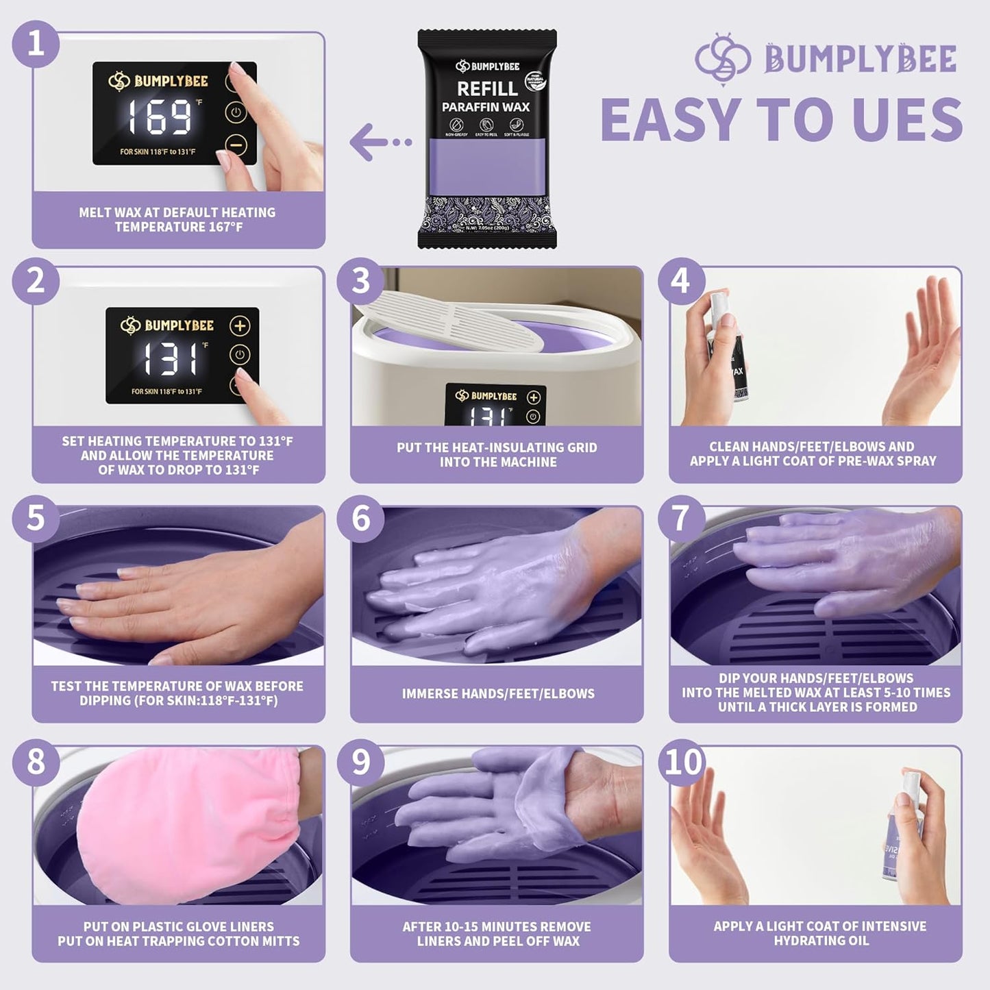 Paraffin Wax Kit - 10 Packs Lavender Paraffin Wax Refills with Silicone Brush - Paraffin Wax for Hand and Feet Refill, Paraffin Wax for Hands, Skin Moisturizing, Non-Greasy, Easy-Peeling