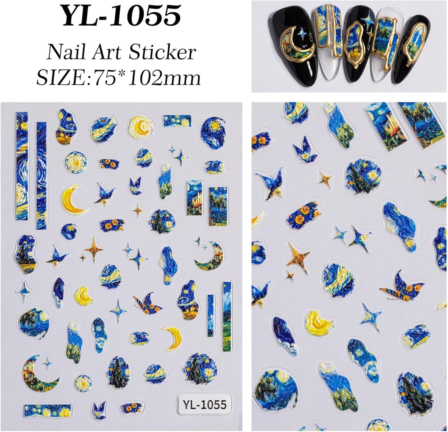 5D Van Gogh's Starry Night Nail Art Stickers, Embossed Nail Decals Supplies Self Adhesive Nails Sticker DIY Acrylic Nail Accessories - 2 Sheets