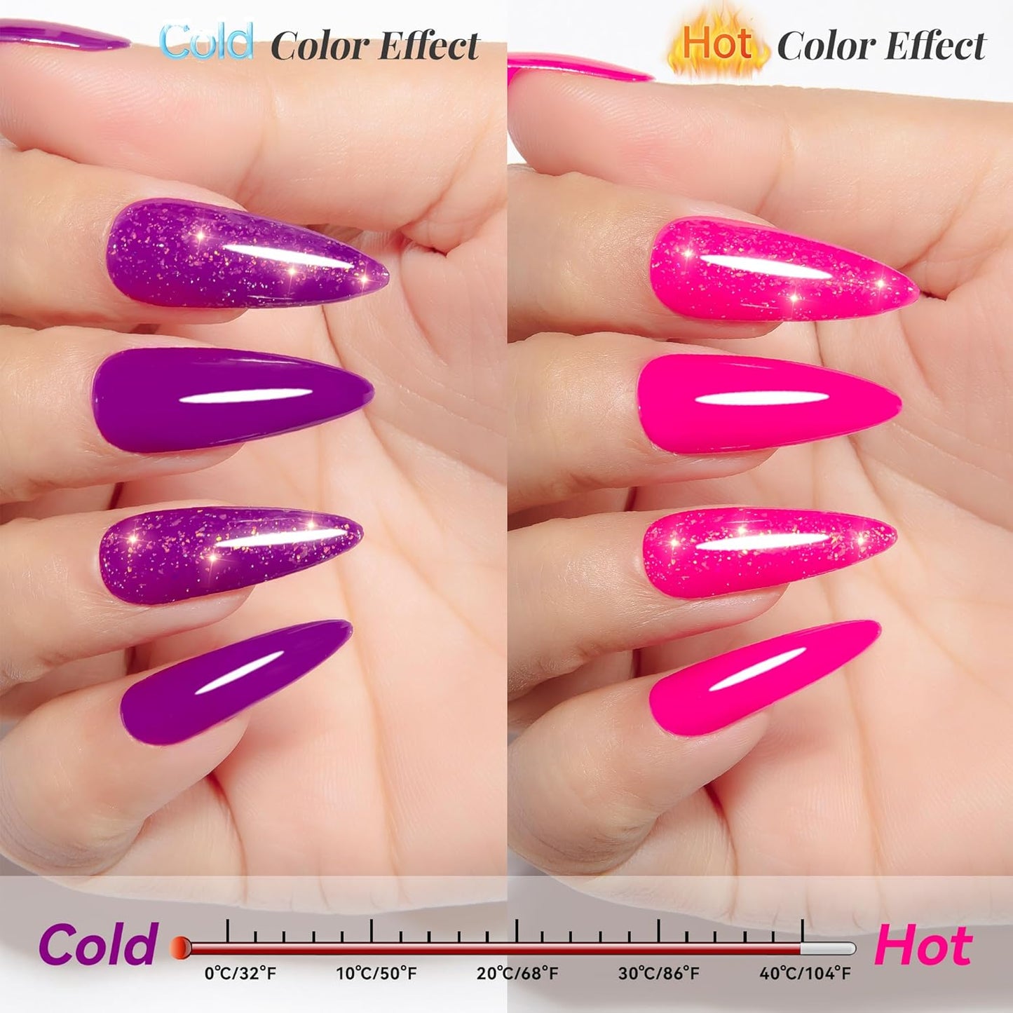 YTD Likomey Color Changing Gel Nail Polish 2 Pcs Set,15ml Hot Pink To Purple Pure Color and Brocade Glitter Nails Gel Kit,Thermal Ombre Change Colors Salon Manicure Fall Winter UV Varnish,WB2-4