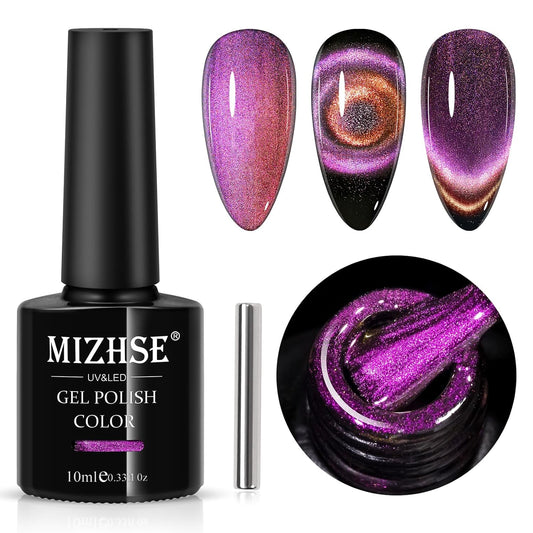 MIZHSE 9D Cat Eye Gel Nail Polish, Rose Red Magnetic Gel Polish with Magnet Stick, Magic Shimmer Galaxy Effect Holographic Glitter Silky Cat Eye Nail Polish Soak Off Nail Art Salon Manicure at Home