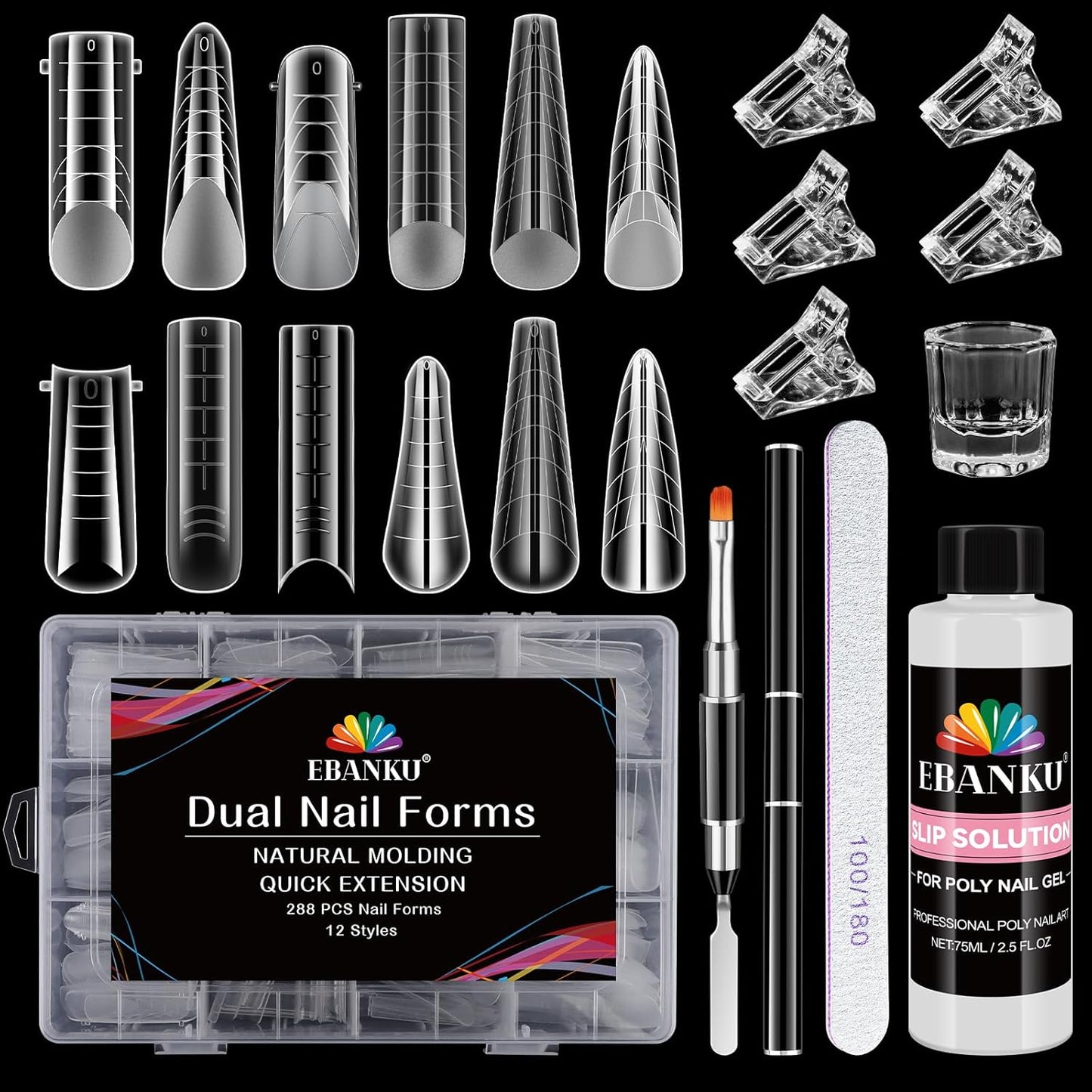 EBANKU Poly Gel Nail Forms Kit - 288PCS Reusable Dual Forms for Builder Gel, Nail Mold Kit with 2.5oz Slip Solution, Brush, File, 5PCS Clips - 12 Shapes