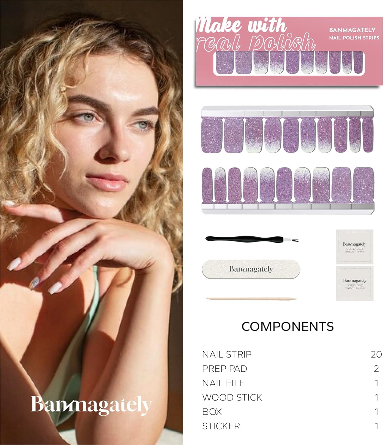 Nail Polish Strips, 20Pcs Salon Quality Gel Nail Stickers, Easy Long Lasting Wraps for Short Nails no UV Light Needed (Glitter Mauve)