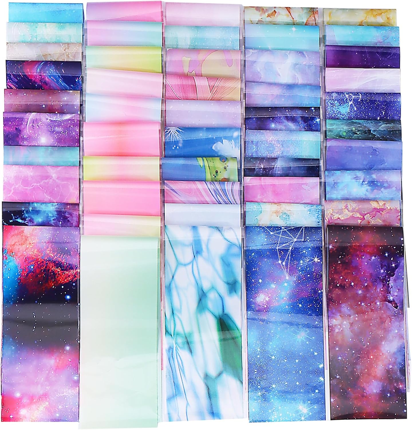 Nail Foils Transfer Nail Art 50PCS Holographic Starry Sky Stickers Marble Decals Nail Supplies Colorful Gradient Pink Blue Nail Art Foil Transfer Sheets Paper for Women DIY Designs Manicure Accessory