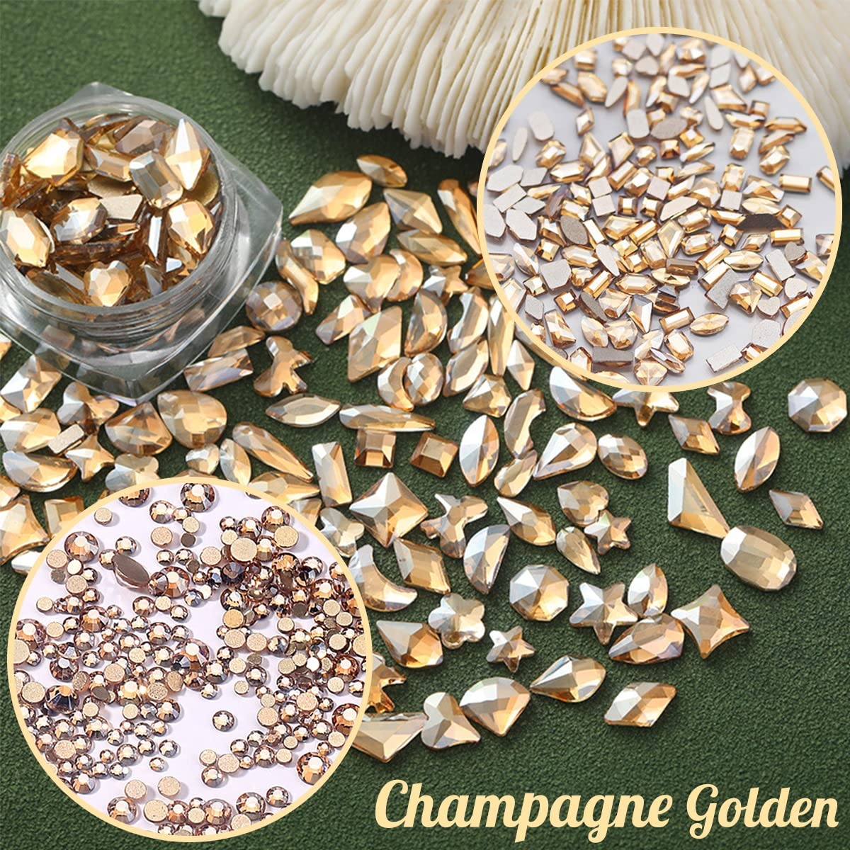 4080Pcs Gold Nail Rhinestones, More Quantity 1.5-4mm Mini Flatback K9 Glass Crystal & 3D Multi Shapes Gems, Champagne Gold Gems Round Stones Diamonds jewels Gemstones for Nail Face Eyes Makeup