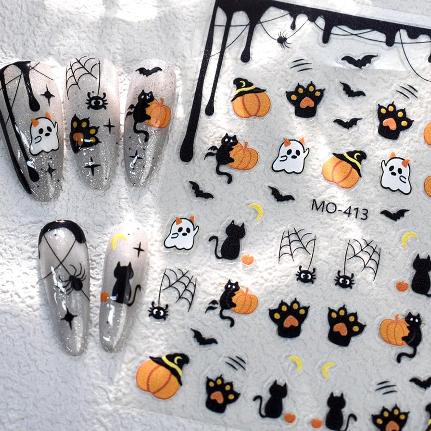 Halloween Nail Stickers Spider Web Pumpkin Spider Bat Stars Design Cute Ghost Nail Art Stickers for Holiday Acrylic DIY Nail Decoration 3 Sheets