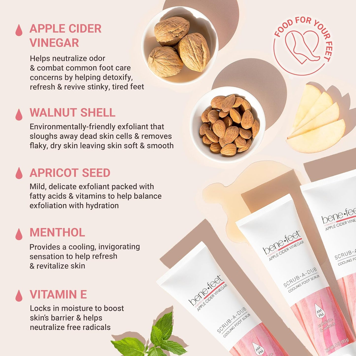Benefeet Scrub-A-Dub Cooling Foot Scrub - Exfoliates + Refreshes Dry + Dull Skin, Get Smoother Skin from Heel to Toe, Made w/Vitamin E, Apple Cider Vinegar, Walnut Shell + Apricot Seed, 4 oz (3 Pack)