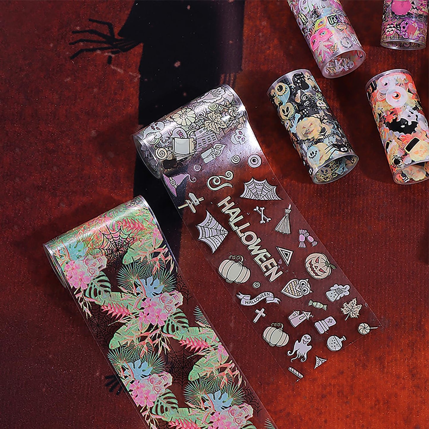 Halloween Nail Foil Transfers Stickers 10 Rolls Cartoon Design Halloween Nail Art Foils Decals Ghost Pumpkin Spider Bat Nail Transfer Foil Cute Nails Supplies Set for Women DIY Manicure Decorations