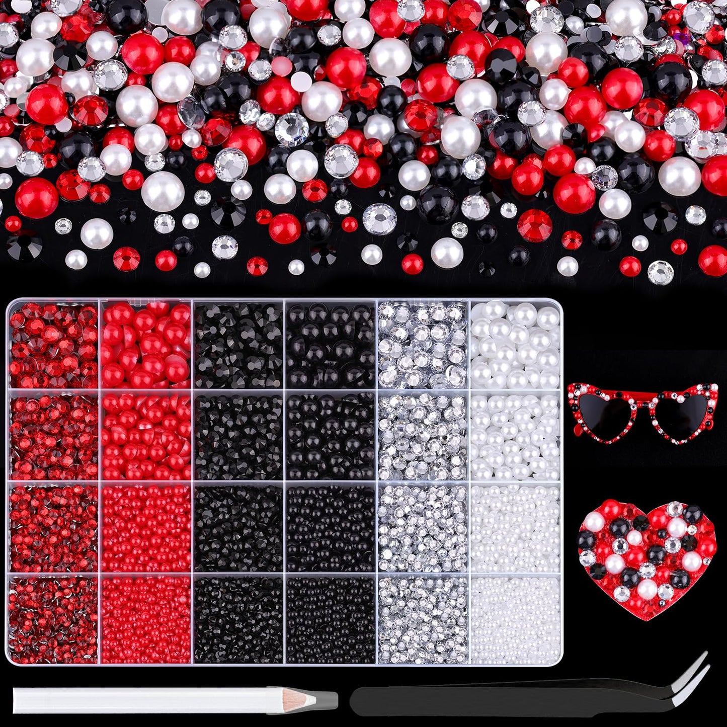 9000Pcs Flatback Pearls and Rhinestones for Crafting, Red White Black Mixed Size 3-8mm Resin Rhinestones and Half Pearls for Bedazzling, Nail Art with Tweezers and Pickup Pencil