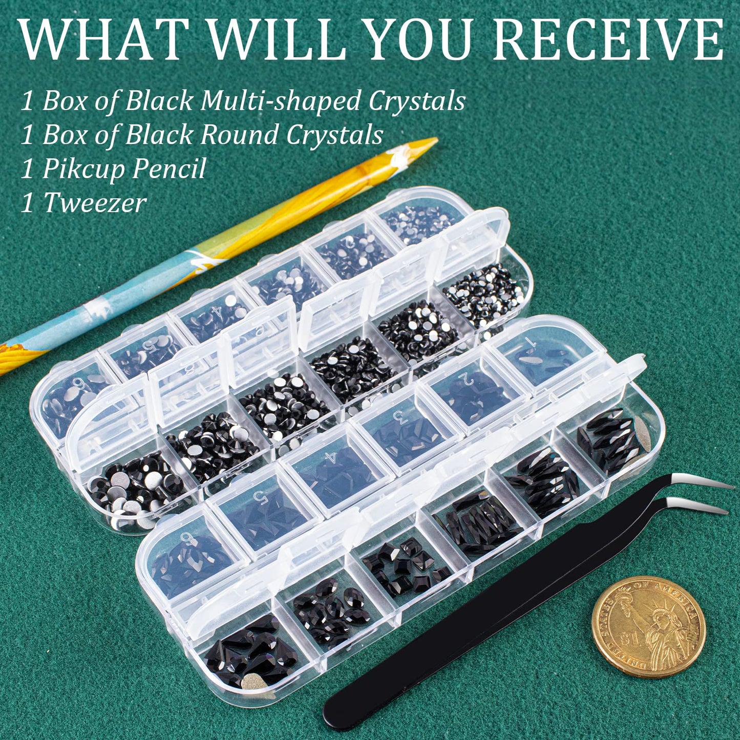 Multi Shapes Black 3D Glass Crystal Nail Art Rhinestones Kit with Flatback Round Bead Charm Gem Stone Jewelry Diamond with Pickup Pen + Tweezer for Manicure Makeup DIY Craft Decoration