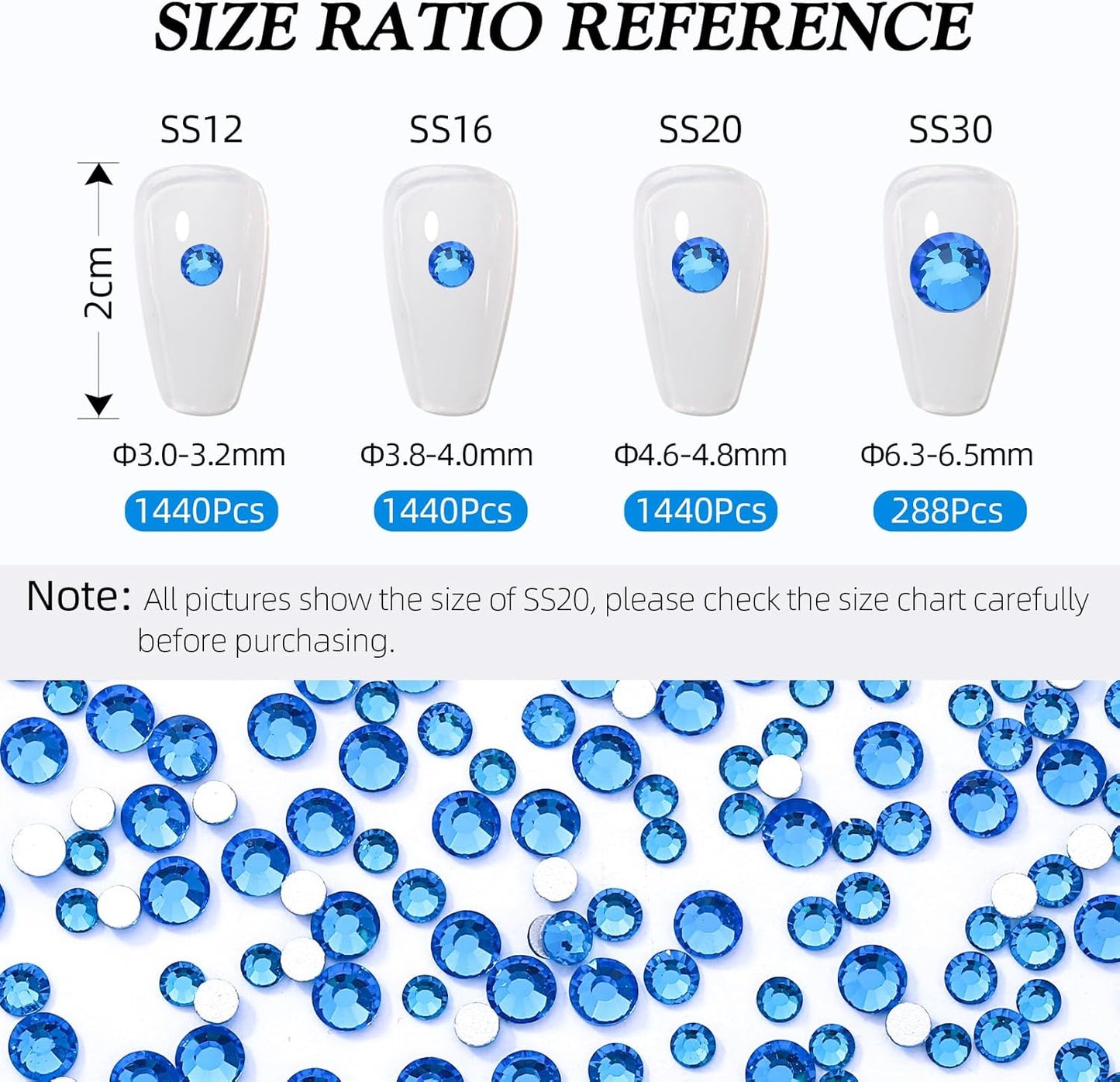 Capri Blue Flatback Rhinestones, Glass Rhinestones for Nail Art and Craft, Glue Fix, Loose Crystal Gemstones(Capri Blue, SS12, 1440pcs, 2.9-3.0mm)