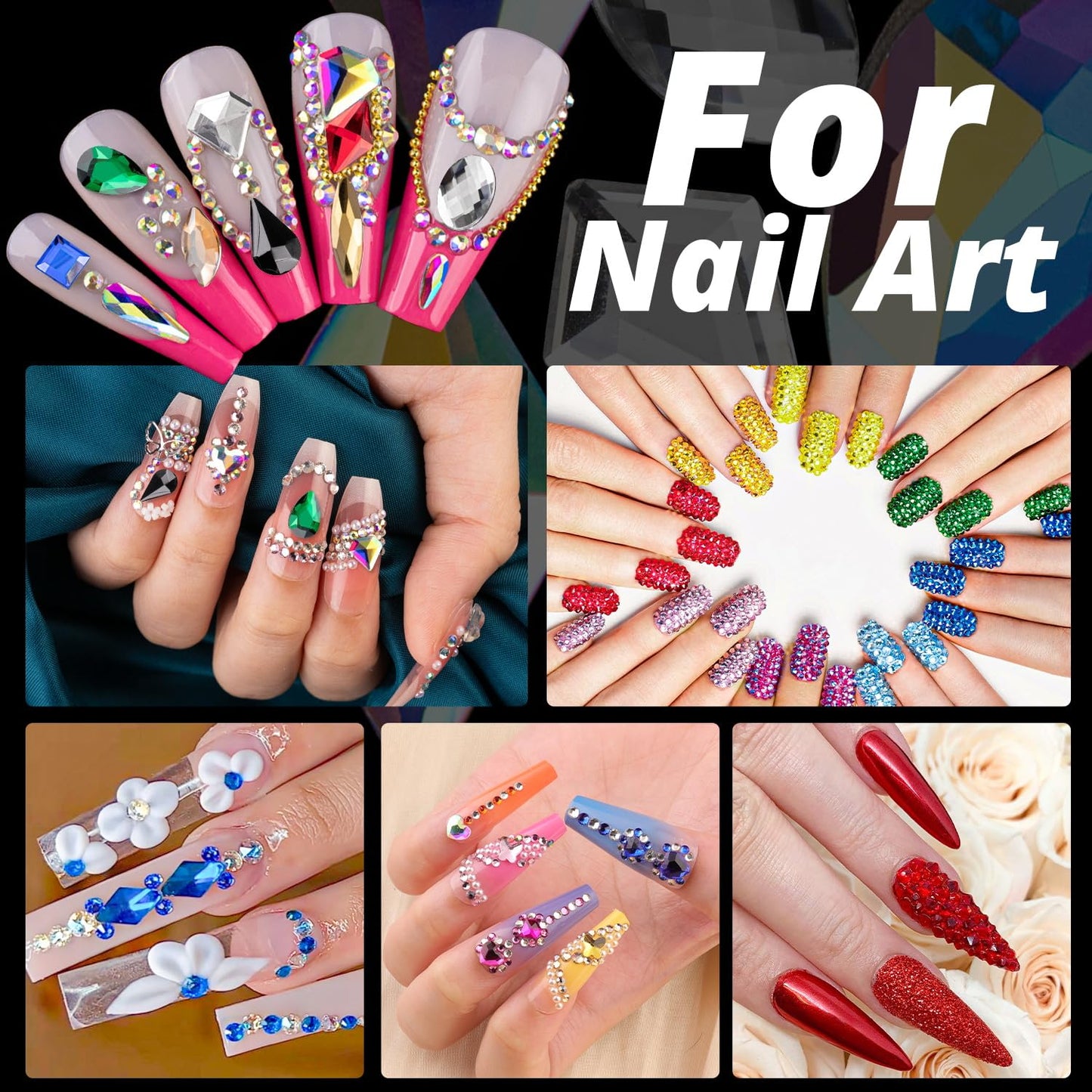 Rhinestones for Nails, Manicure Kit with Rhinestone Glue Gel, Multi Shapes Dark Blue Glass 3D Nail Charms + Flatback 2-5mm Round Beads & Gem Glue (UV/LED Needed) with Dotting Tools