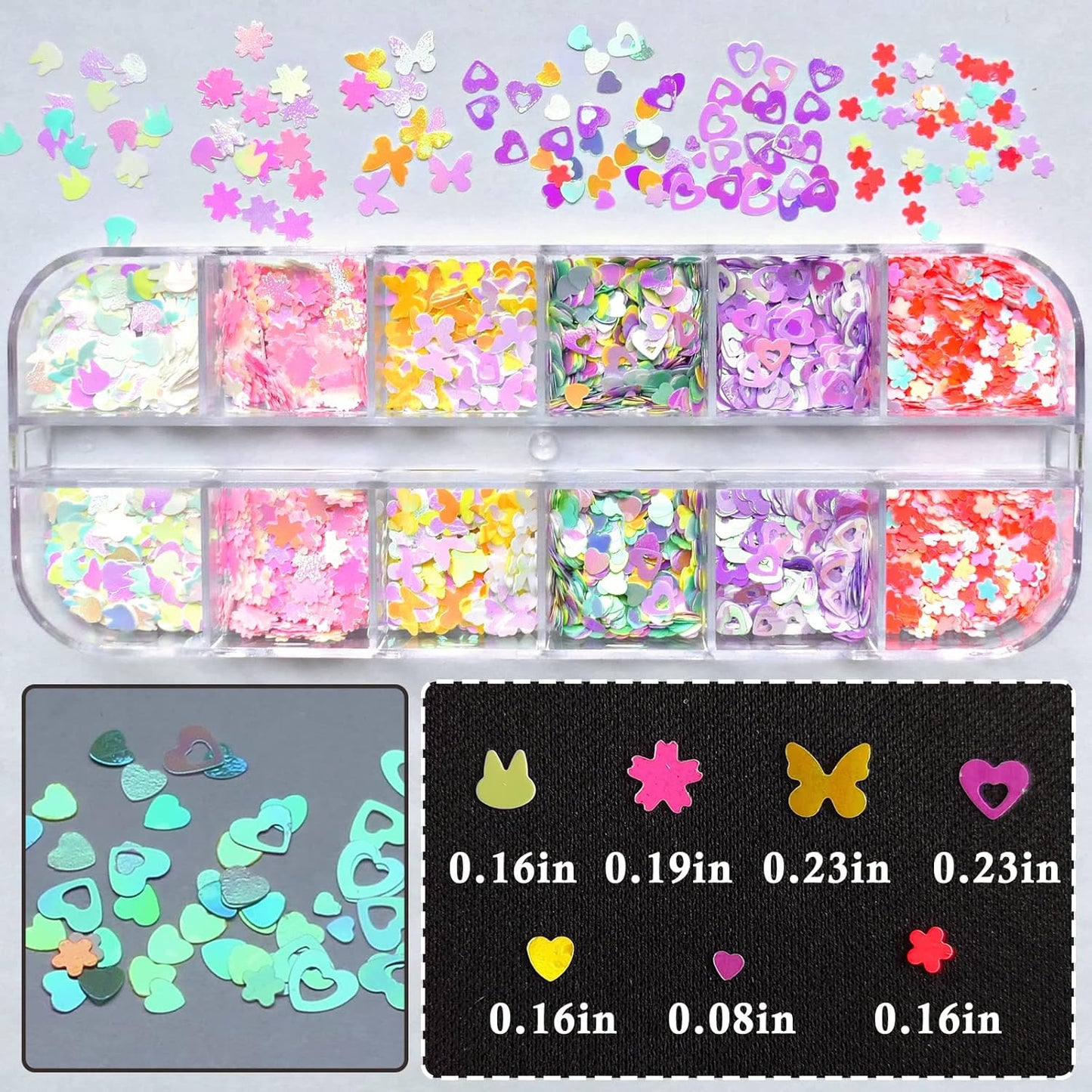 AddFavor 4 Boxes Nail Glitter Luminous Mermaid Chunky Glitter Flakes Fluorescent Mixed Shaped Flower Heart Star Nail Sequins Decals for Nail Art/False Eyelash Decor