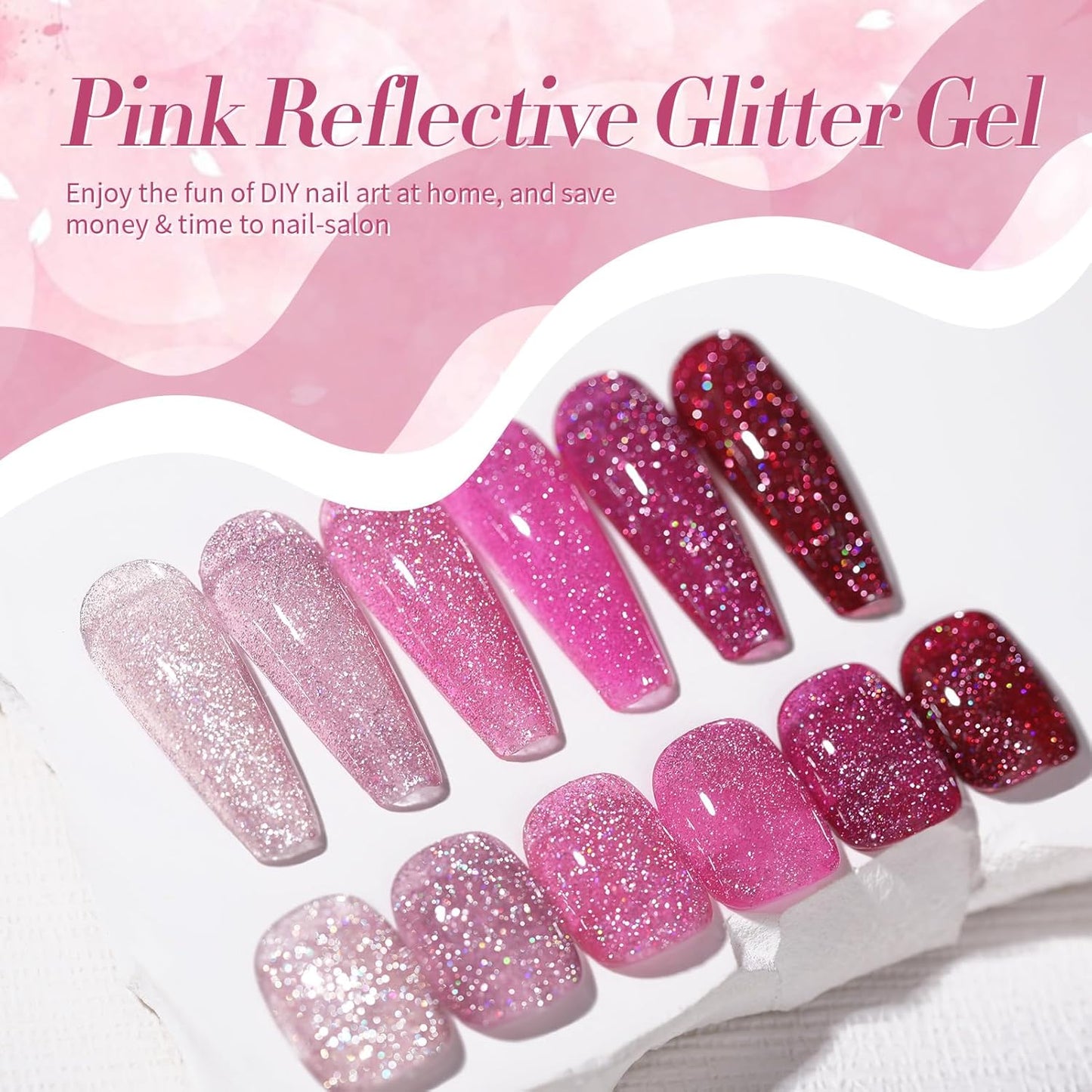BORN PRETTY Reflective Glitter Gel Nail Polish Pink Holographic Colorful Glitter Spring Summer Gel Polish Sparkly Shiny Disco DJ LED Gel Nail Polish Nail Varnish 6PCS