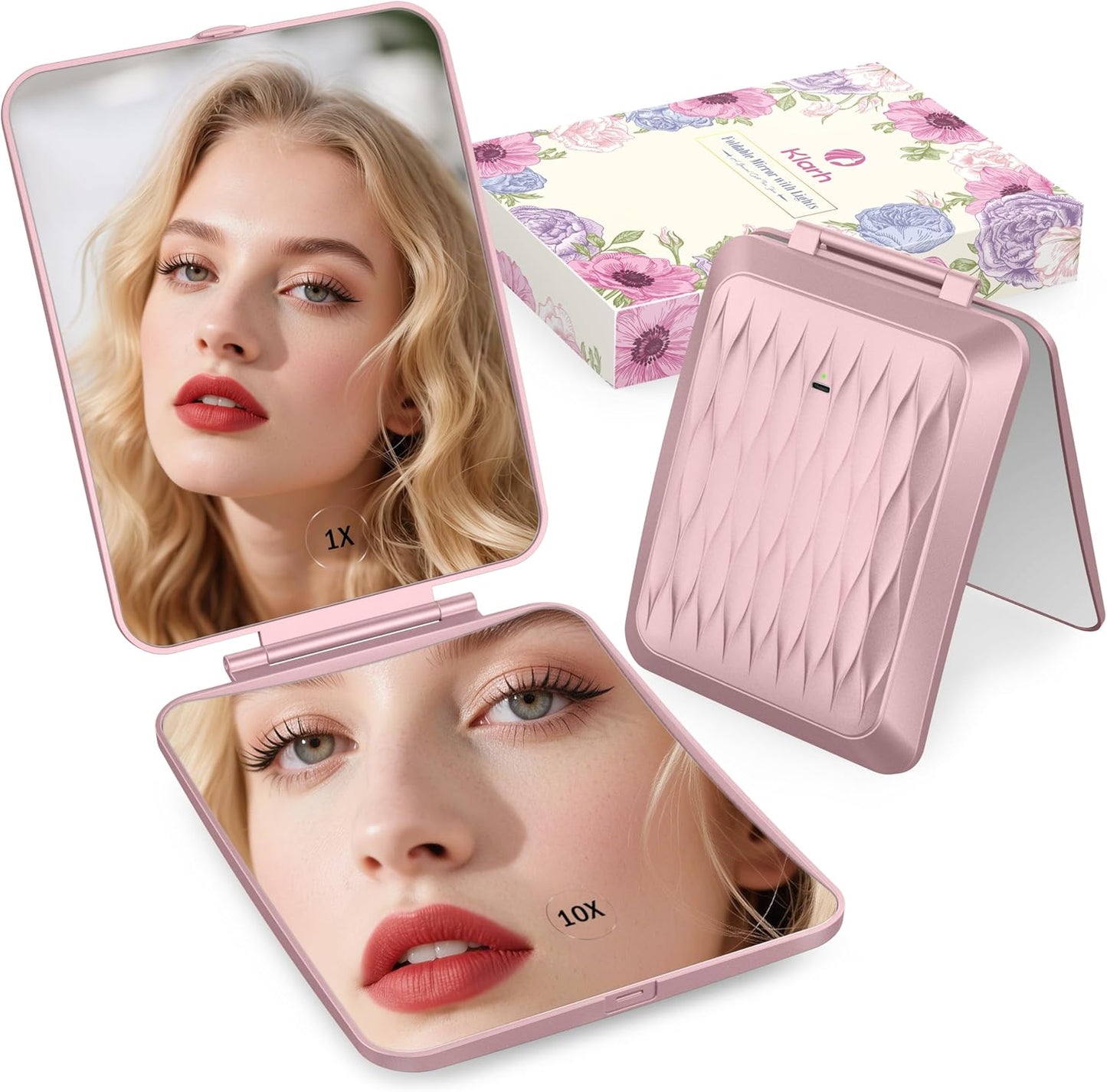 1X/10X Magnifying Makeup Mirror with 3 Colored Lights and Touch Control, 2700mAh Rechargeable LED Vanity Mirror for Home, Bathroom and Travel (Rose Pink, with LED Lights)