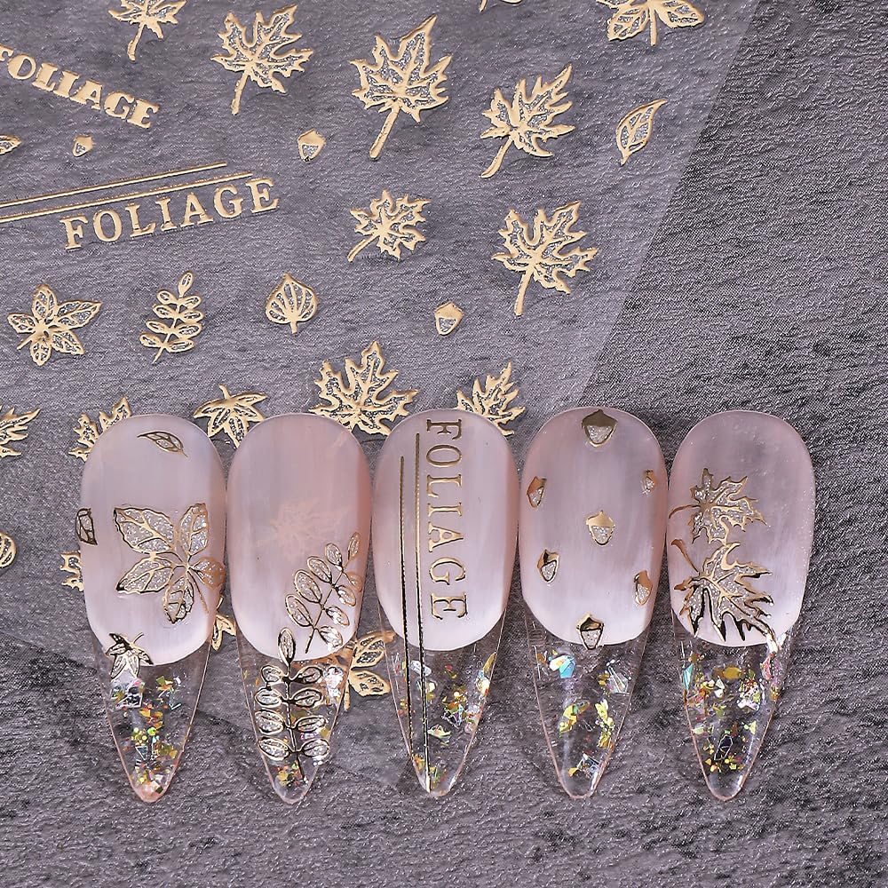 Fall Maple Leaves Nail Art Stickers for Thanksgiving, Gold Maple Leaves Nail Decals 3D Self-Adhesive with Flowers Butterfly Design 6Pcs French Tip Glitter Nail Art Supplies for Women Nail Decoration