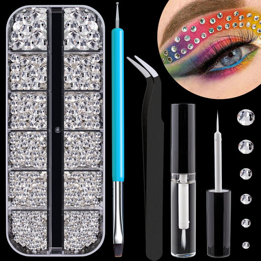 1.5-6mm Round Flatback Face Gems Kit (Clear) for Makeup with Quick Dry Glue + Brush + Tweezer, Nail Art Rhinestones Transparent White Glass Crystal Beads for Make-up Deco