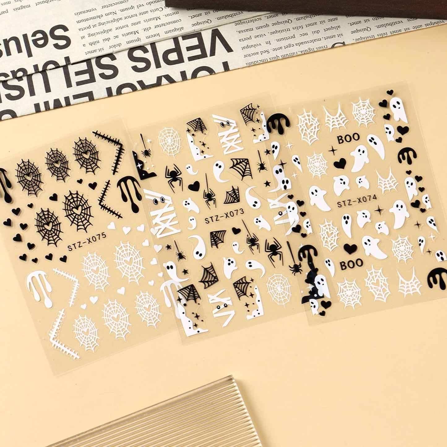 6 Sheets Halloween Nail Art Stickers Cute Ghost Nail Decals Black White Spider Web Bat Stars Moon Design Gothic Nail Art Supplies for Holiday Acrylic DIY Nail Decoration