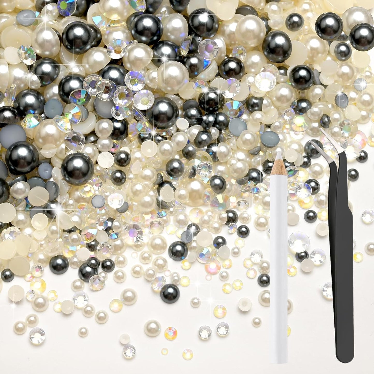 80g Mix Flatback Pearls and Rhinestones for Crafts Silver Gray White Mixed Size 2mm-10mm Half Round Pearls Rhinestones for Nail Art Tumblers Shoes DIY Bedazzling with Tweezers Wax Pen