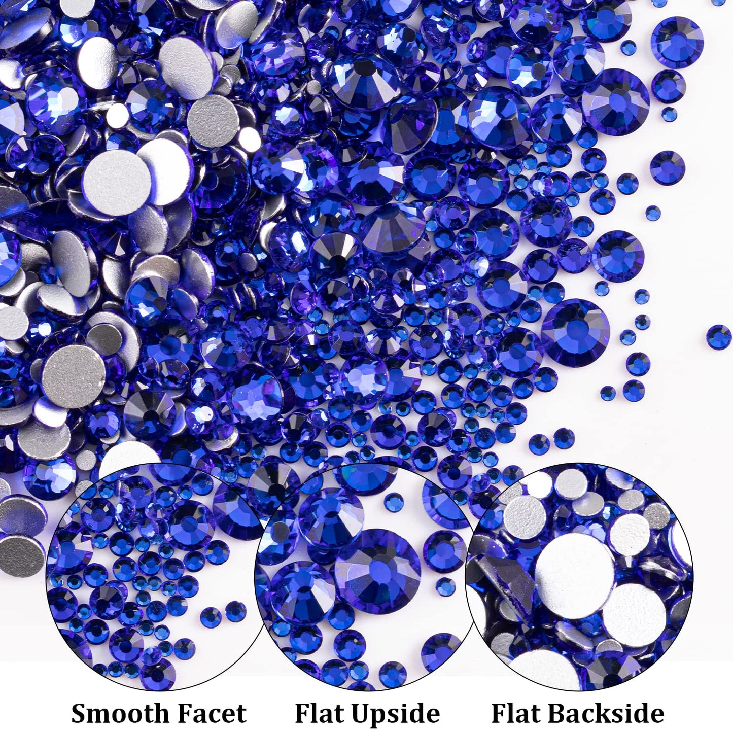 One Pack 2000 Pcs of Flatback Round Royal Blue Rhinestones 6 Sizes (1.5-6 mm) with Nail Art Rhinestone Picker Pencil and Tweezer for DIY and Salon Use