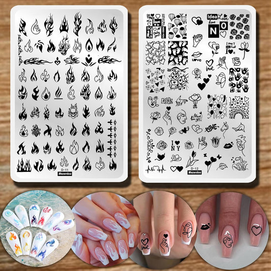 2pcs Large Size Nail Art Image Stamp Stamping Plates Fire Heart Pattern Valentine's Day Nail Stamping Plate Love DIY Nail Stamper Plates Stencil Palm Footprint Manicure Template Tools