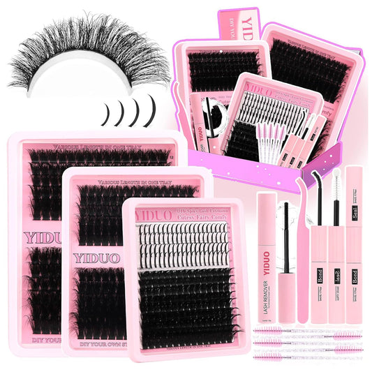 575Pcs Bulk Pack Lashes Clusters Kit with Glue and Removers, D Curl Volume 150D+200D+Spiky Lashes Clusters, 12-21mm Manga Extension Eyelashes DIY Individual False Eyelash Wholesale Pack