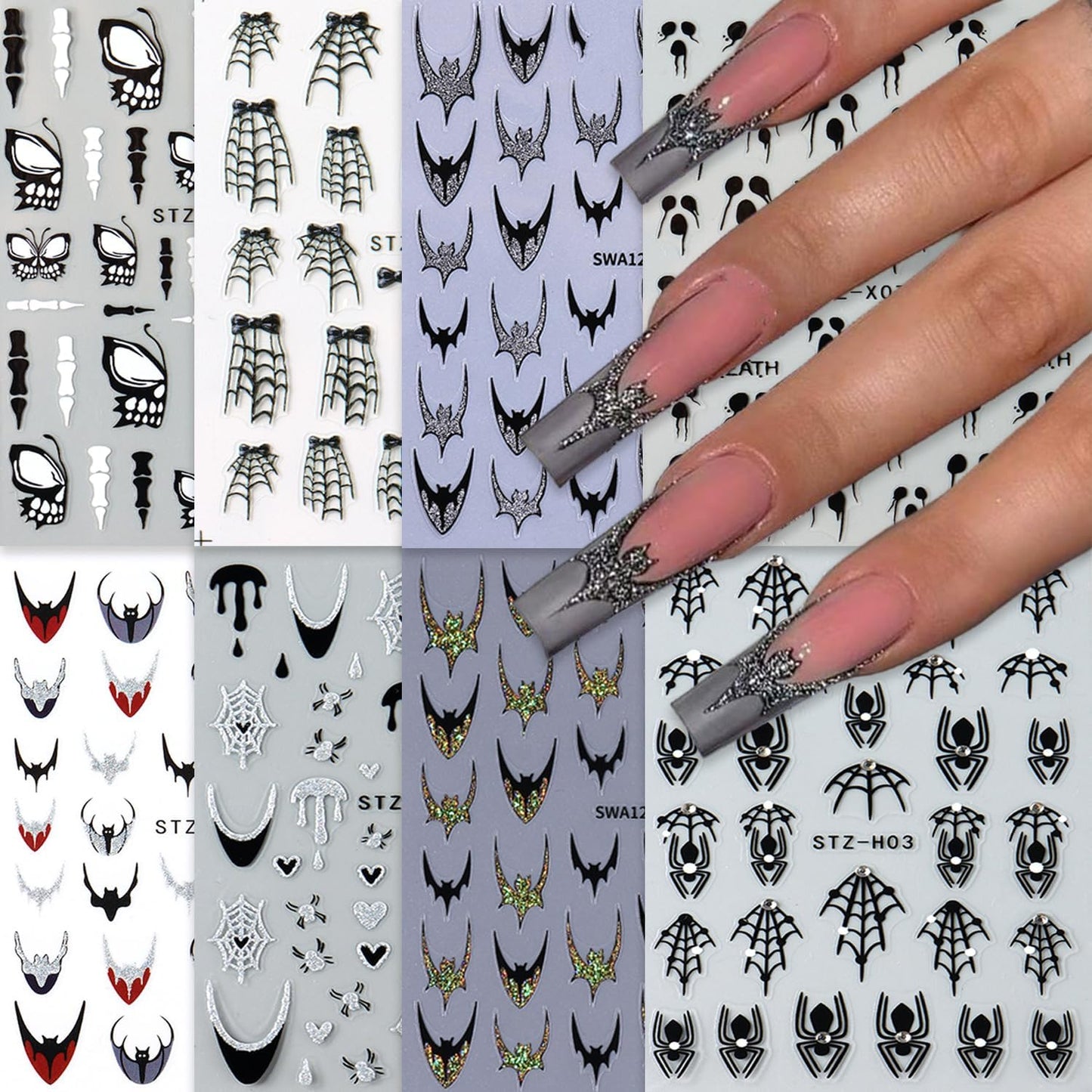 8 Sheets Halloween Nail Art Stickers Decals Colorful Bat French Tip Nails Stickers Black Spider Web Blood Drop Nails Decals Self-Adhesive Skeleton Nail Art Decal for Women Halloween Decor