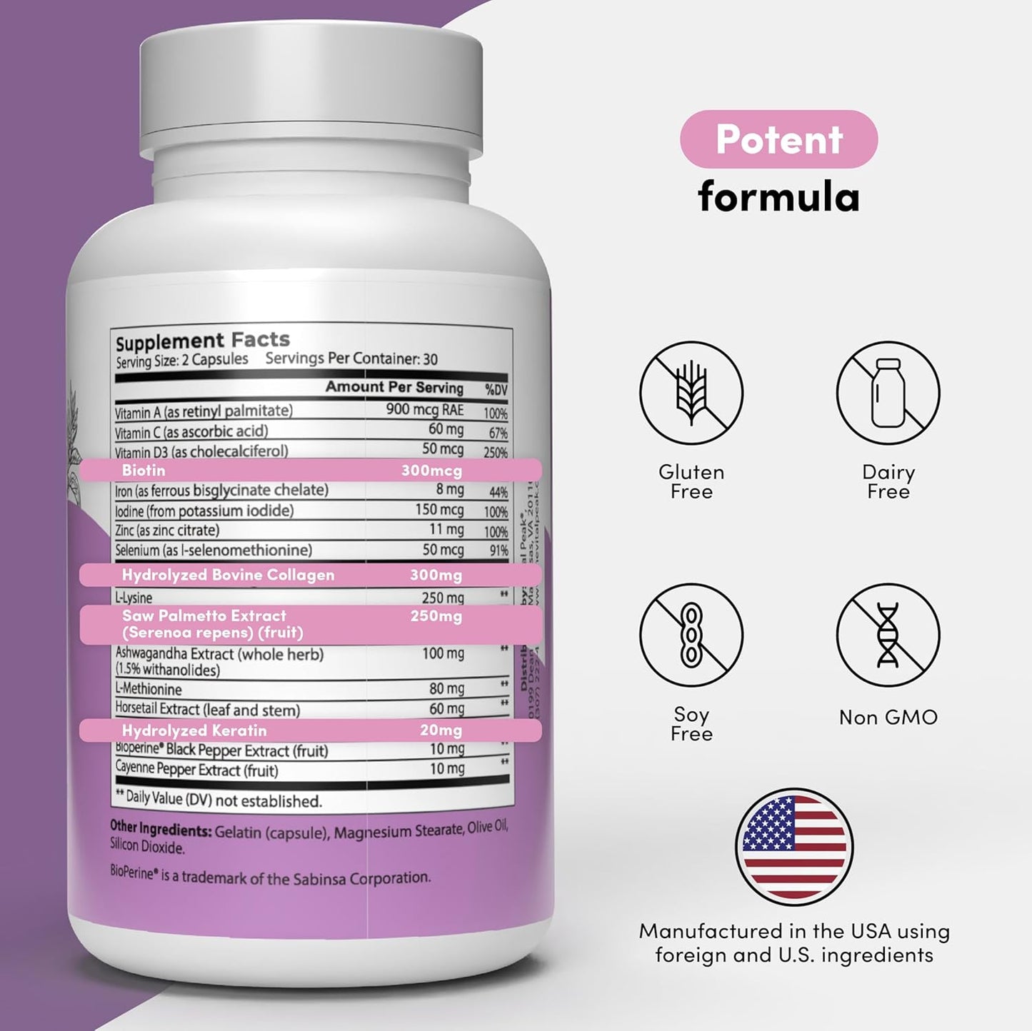 Hair Peak - Hair Growth Supplement - Hair Vitamins to Support Healthy Hair - with Biotin, Collagen, Saw Palmetto Extract, Keratin, Iron, Ionide, Zinc & More - Gluten Free, Dairy Free - 60 Capsules