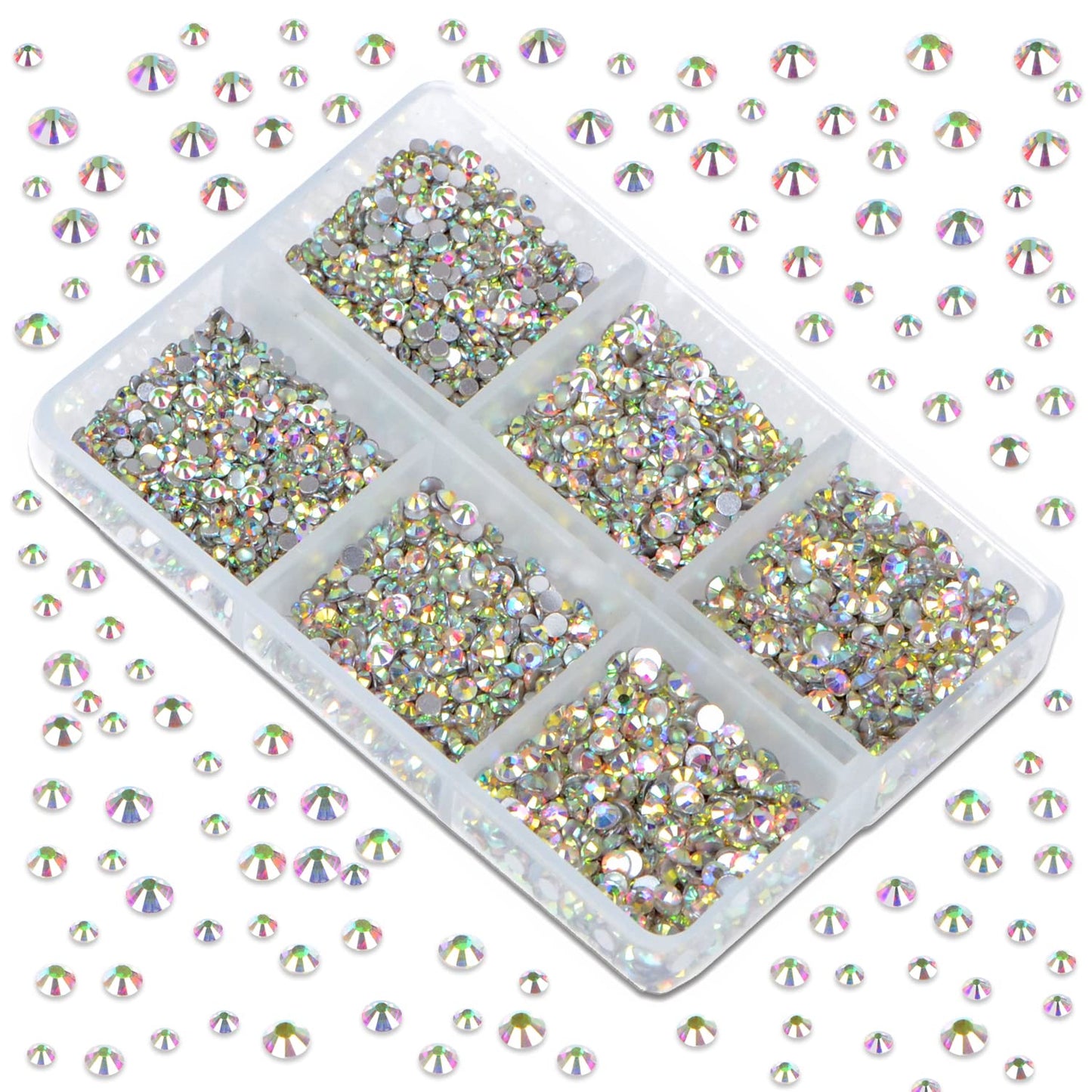 LPBeads 6000 Pieces Clear AB Non Hotfix Rhinestones 6 Sizes Round Crystal Glass Flat Back Rhinestones with Tweezers and Picking Pen for Nail Art Crafts Clothes Bags DIY