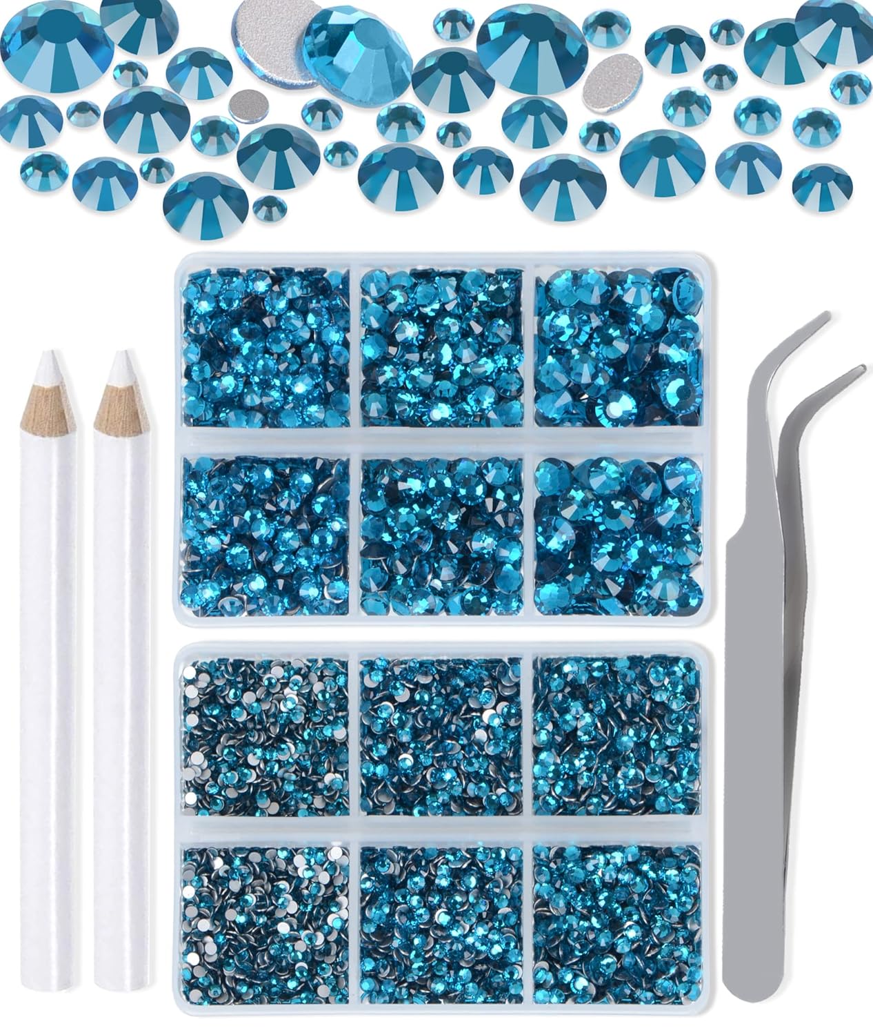 LPBeads 6000 Pieces Peacock Blue Zircon Non Hotfix Rhinestones 6 Sizes Round Crystal Glass Flat Back Rhinestones with Tweezers and Picking Pen for Nail Art Crafts Clothes Bags DIY