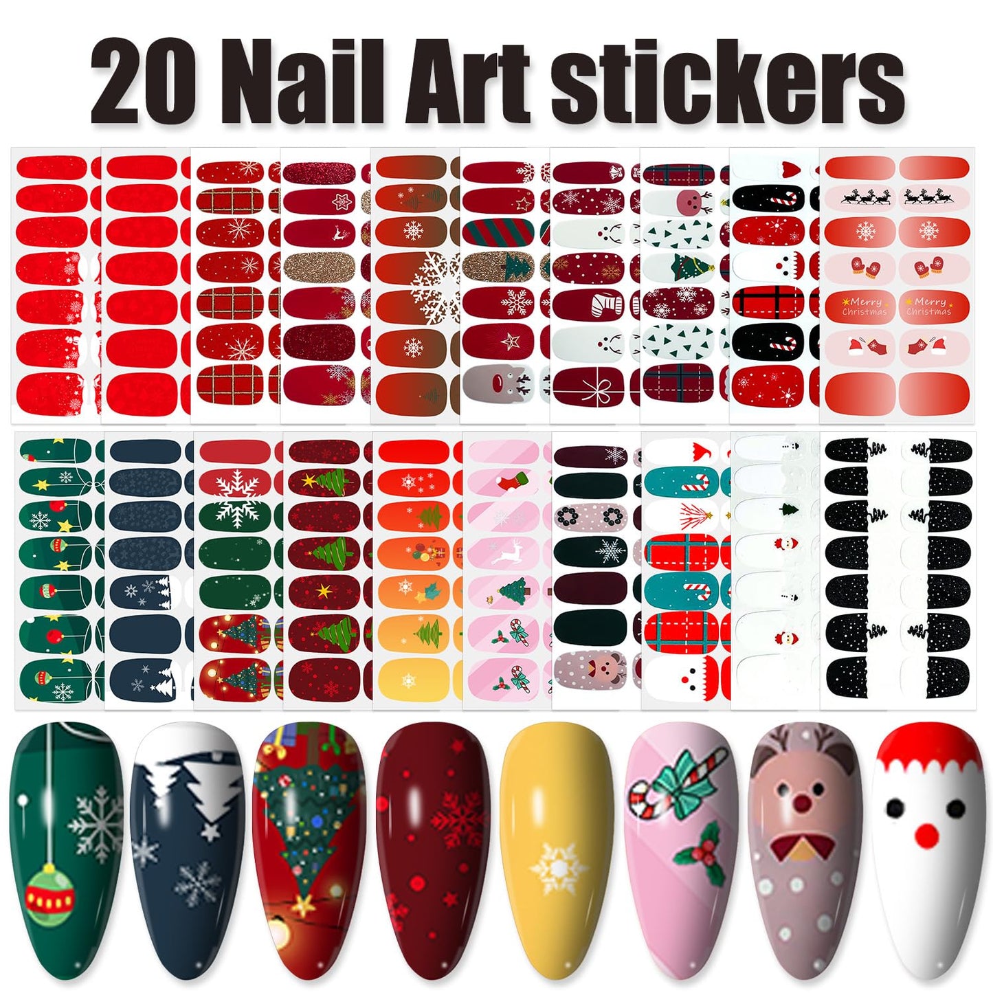 WOKOTO 20 Sheets Christmas Nail Stickers Stick On Nail Polish Strips For Christmas Day Winter Nail Art Polish Stickers Christmas Gel Nail Wraps Christmas Father Deer Tree Gel Nail Strips Stickers