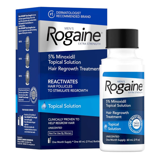 Men's Rogaine Extra Strength 5% Minoxidil Topical Solution for Hair Loss & Regrowth, Topical Treatment for Men, Unscented Minoxidil Follicle Booster Liquid, 1-Month Supply, 2 fl. oz