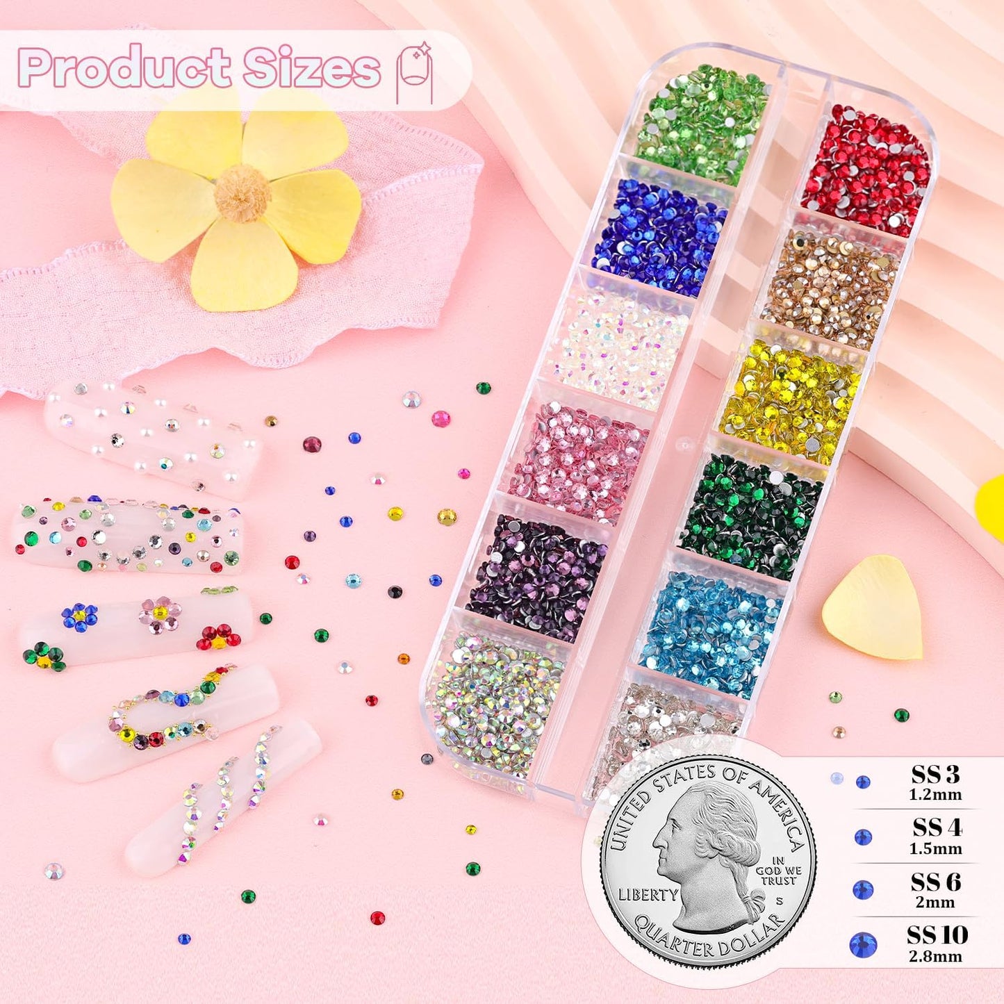 4200Pcs Glass Crystal Small Rhinestones for Nail Art, Colourful SS3-SS10 Flatback Bedazzling Gems, Nail Rhinestones and Gems Crystals Charms for Acrylic Tips Manicure Decor