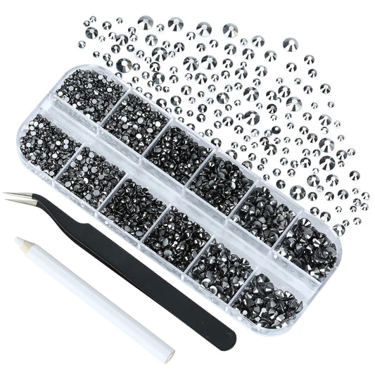 4240Pcs Jet Hematite Flatback Rhinestones 6 Sizes Crystal Diamonds for Nail Art Crafts Clothes Shoes with Tweezers and Picking Pen