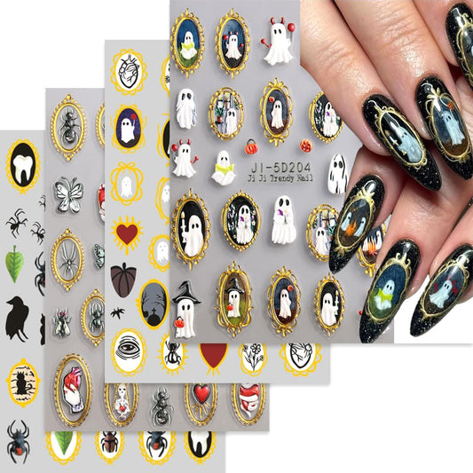 Retro Halloween Nail Art Stickers Decals Pumpkin Spider Nails Sticker 5D Embossed Spider Ghost Nails Decal Self-Adhesive Halloween Nail Decor for Women (4 Sheets)