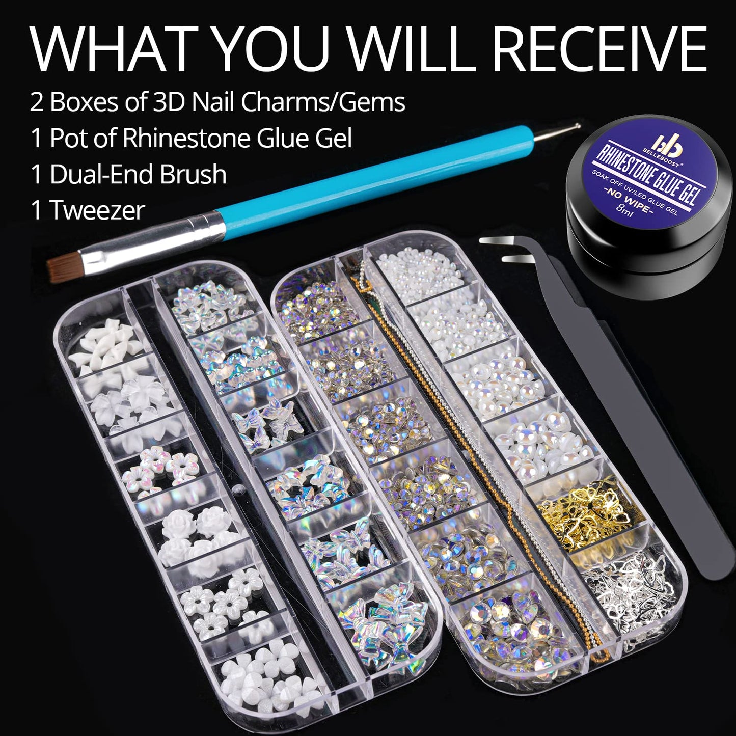 Mixed 3D Nail Art Gem Decoration Accessories Kit #4, Aurora Bear Bow Butterfly Starry AB Rhinestone Charm Jewelry for Deco, Pearl Flower Caviar Bead Stone Crystal with Dual-End Brush and Tweezer